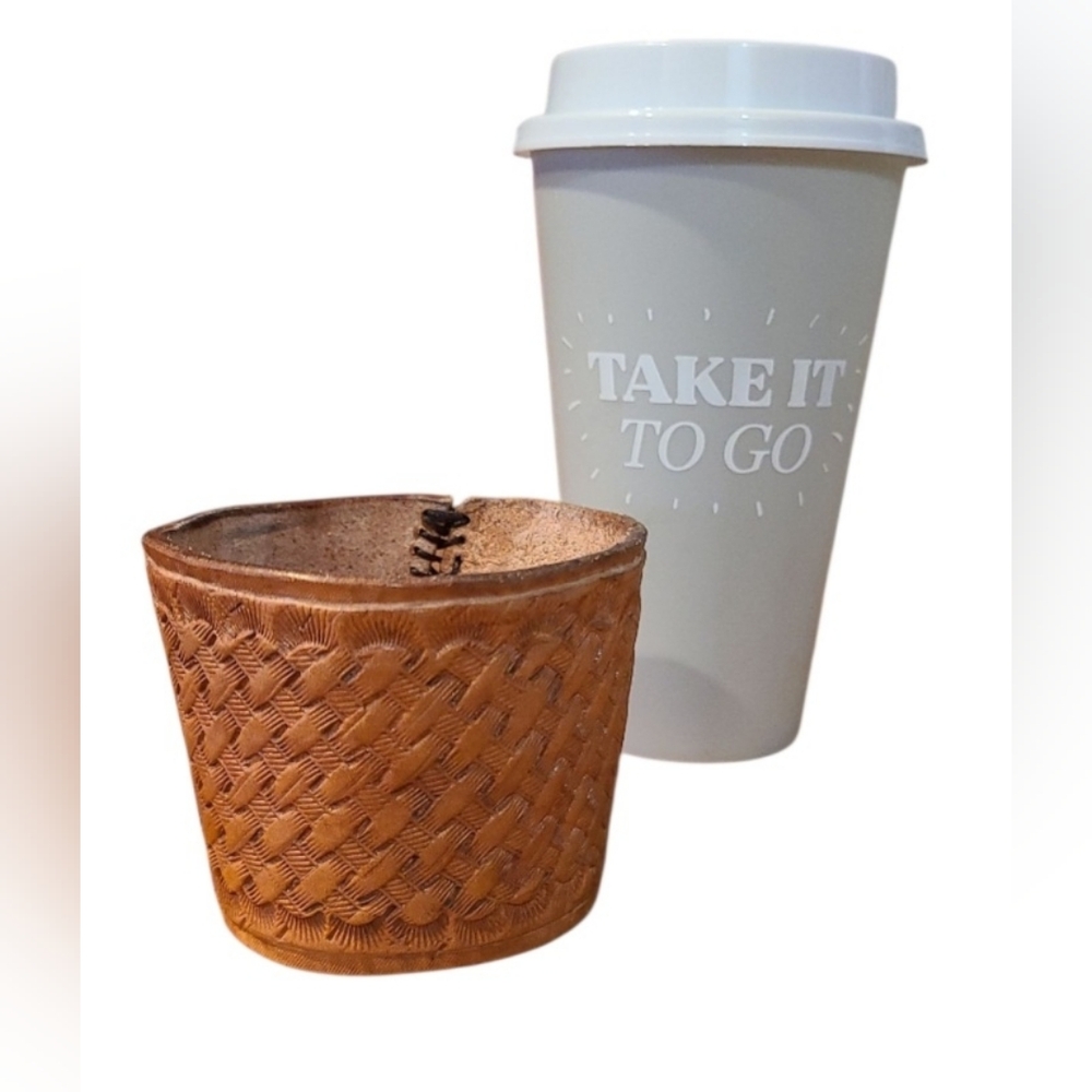 Tooled Leather Drink Sleeve And Reusable Cup TOOLED NATURAL